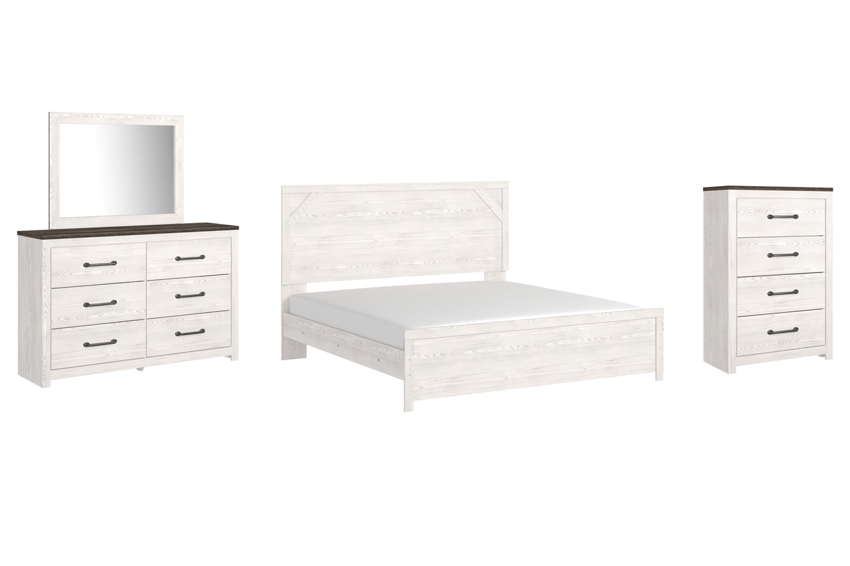 Gerridan King Panel Bed with Mirrored Dresser and Chest in White/Gray from Ashley - Luna Furniture