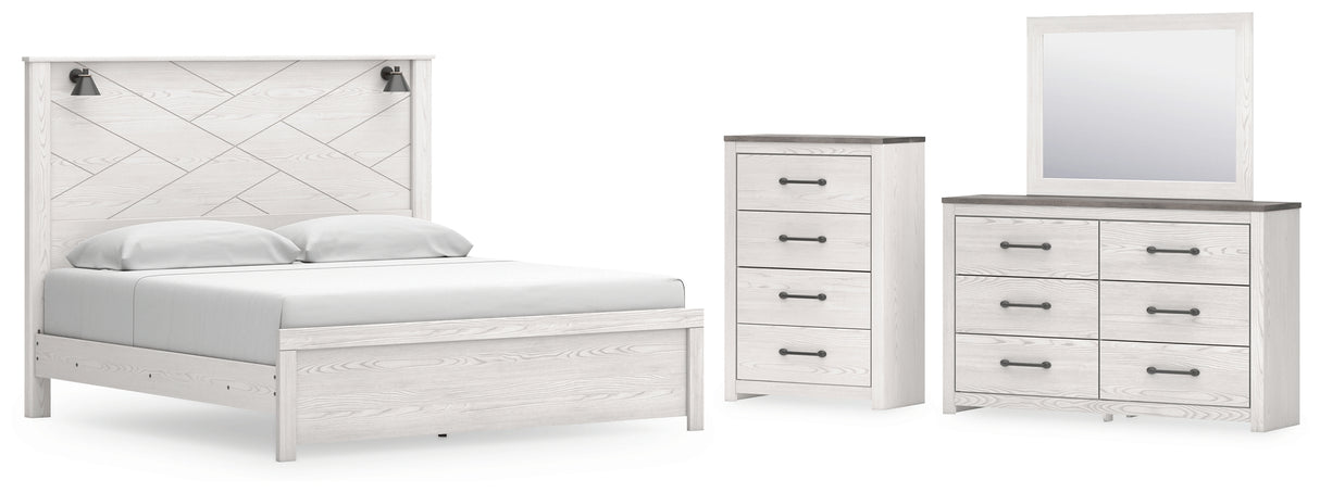 Gerridan King Panel Bed with Mirrored Dresser and Chest in White/Gray from Ashley - Luna Furniture