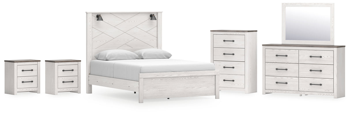 Gerridan Queen Panel Bed with Mirrored Dresser, Chest and 2 Nightstands in White/Gray from Ashley - Luna Furniture