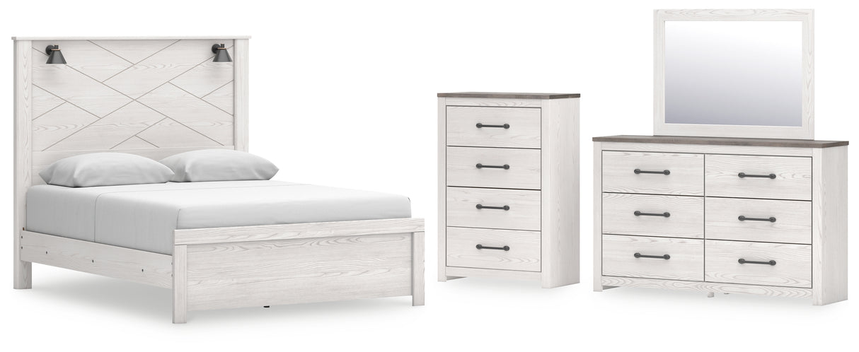 Gerridan Queen Panel Bed with Mirrored Dresser and Chest in White/Gray from Ashley - Luna Furniture