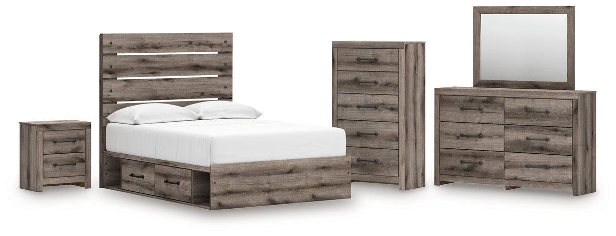 Graystorm Full Panel Bed with Storage with Mirrored Dresser, Chest and Nightstand in Brown Gray from Ashley Furniture - Luna Furniture