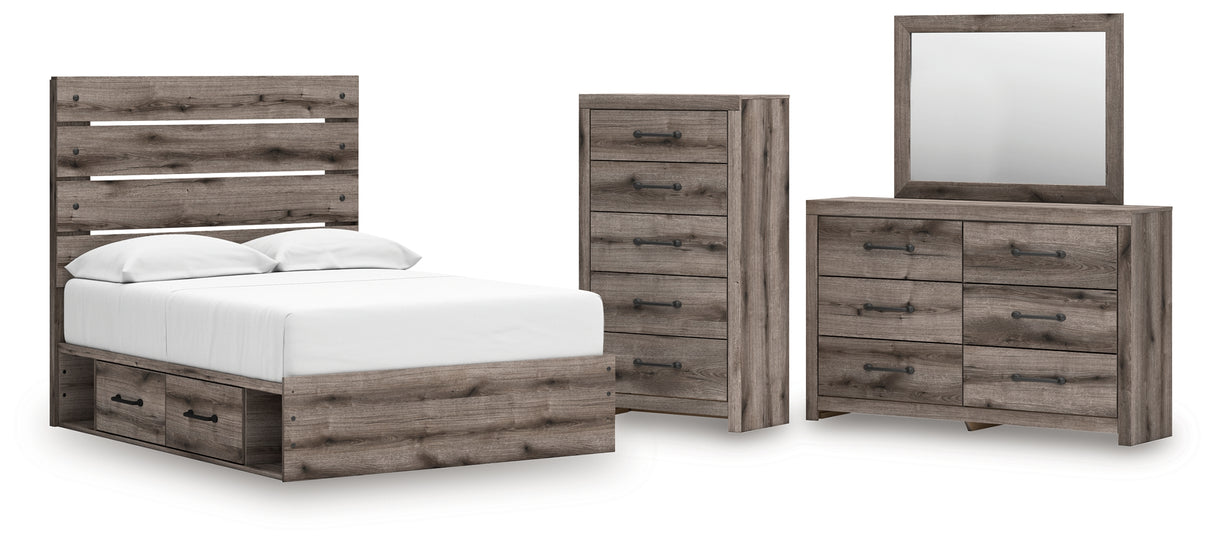 Graystorm Full Panel Bed with Storage with Mirrored Dresser and Chest in Brown Gray from Ashley - Luna Furniture