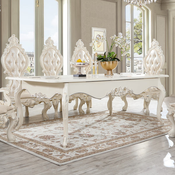 HD-13012-I Antique White/Metallic Silver Highlights Dining Table