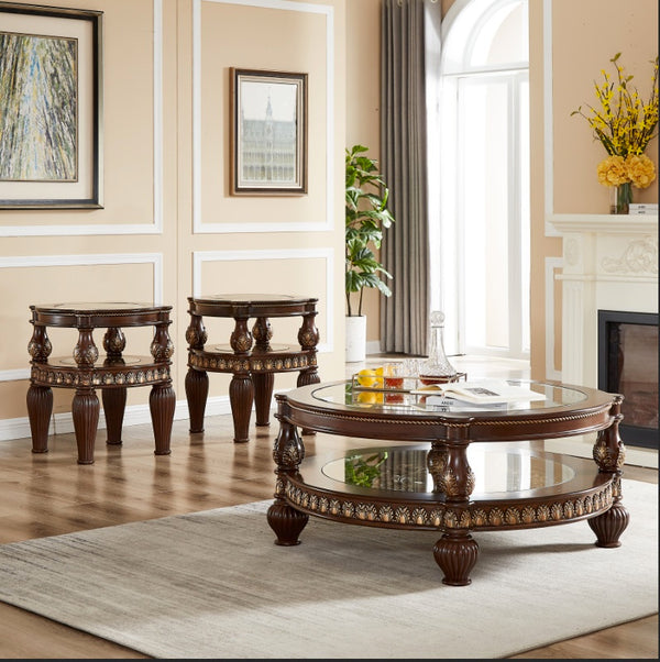 HD-1521 Dark Mahogany/Metallic Gold Detail 3-Piece Coffee Table Set