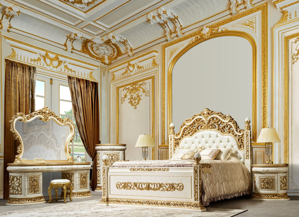HD-903 Antique White/Gold 5-Piece Bedroom Set
