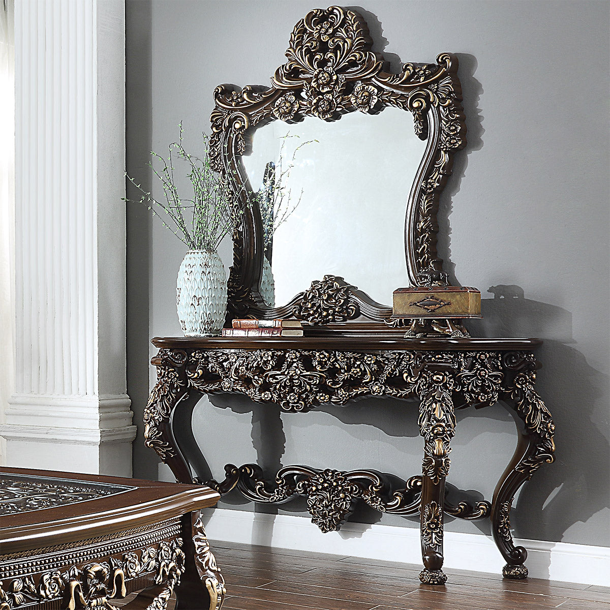 HD-905 Cherry/Metallic Antique Gold Highlights Coffee Console Mirror from Homey Design - Luna Furniture