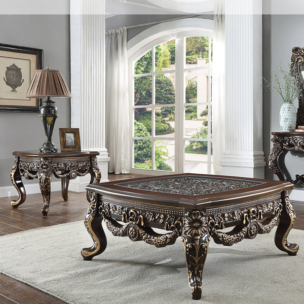 HD-905 Cherry/Metallic Antique Gold Highlights 3-Piece Coffee Table Set
