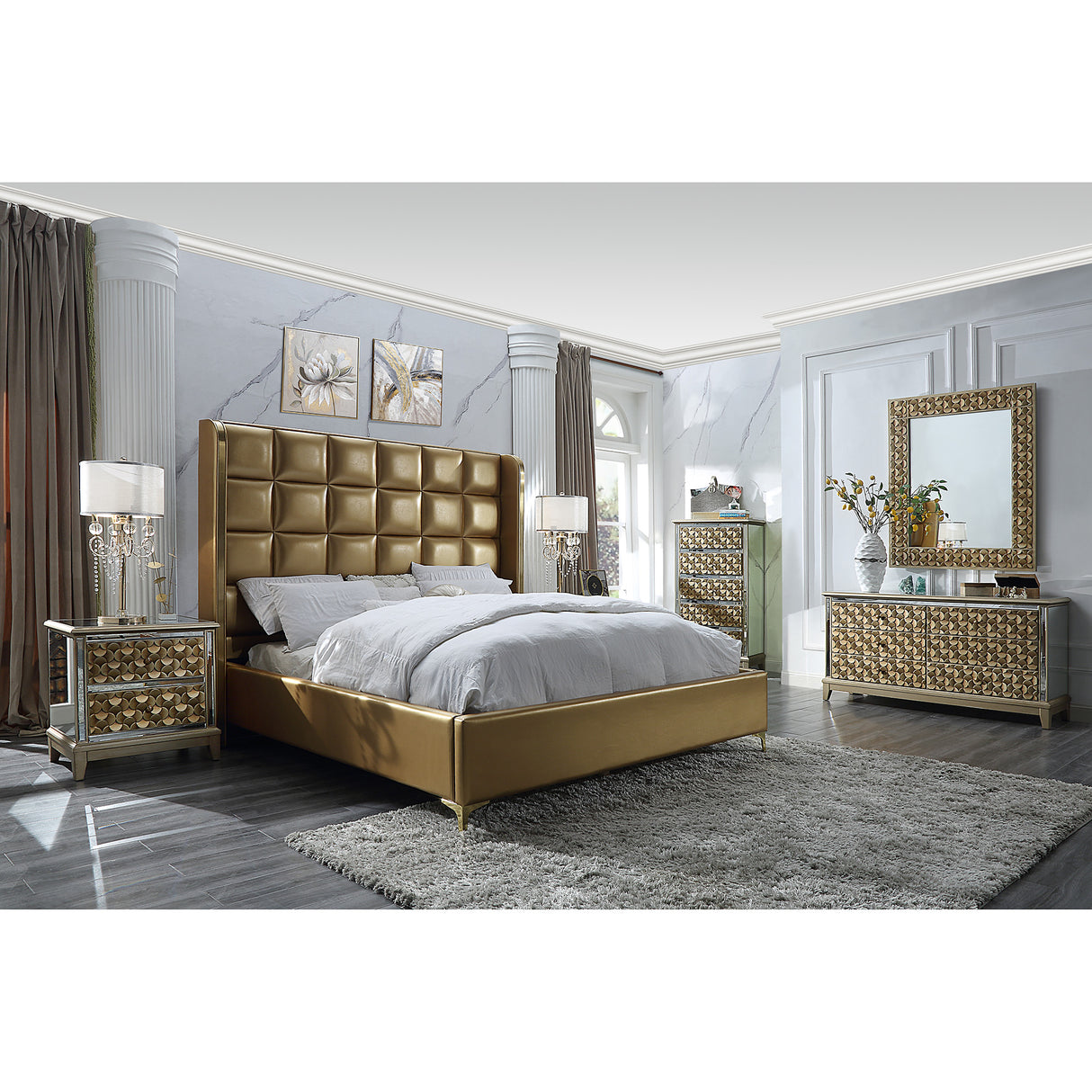 HD-6065 Antique Gold/Mirror 5-Piece Bedroom Set from Homey Design - Luna Furniture