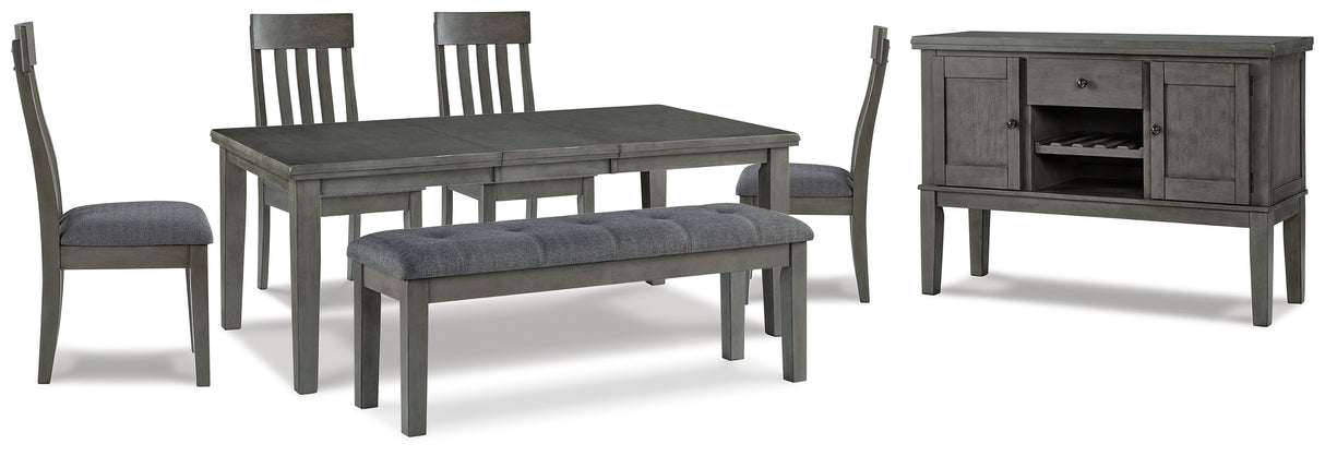Hallanden Gray Dining Table, 4 Chairs, and Bench with Server from Ashley - Luna Furniture