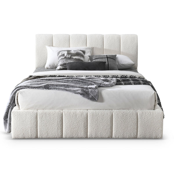 Hilar White Boucle Platform Bed Queen Size