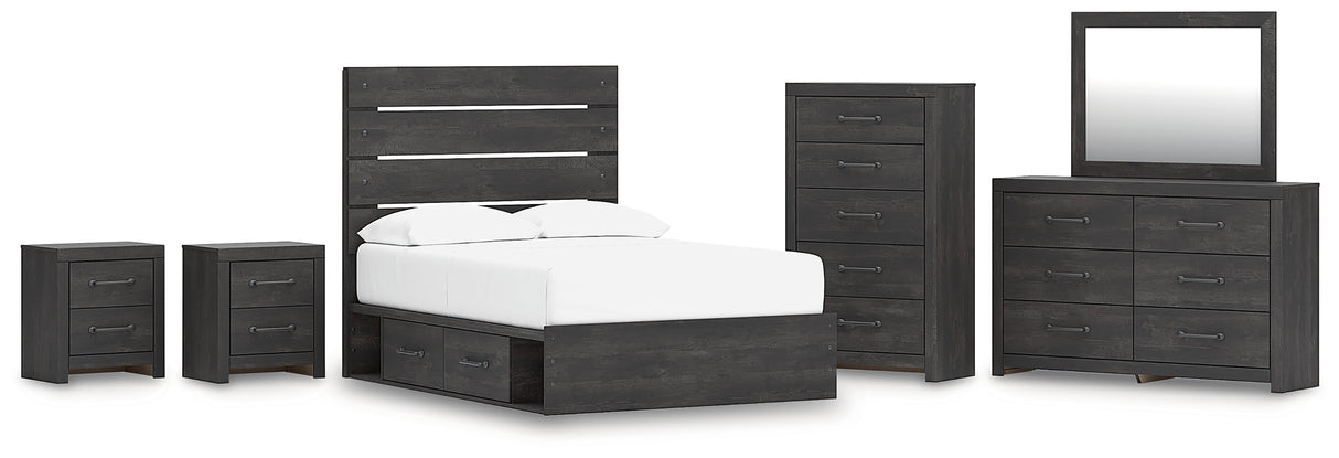 Hollivern Full Panel Bed with Storage with Mirrored Dresser, Chest and 2 Nightstands in Dark Gray from Ashley - Luna Furniture