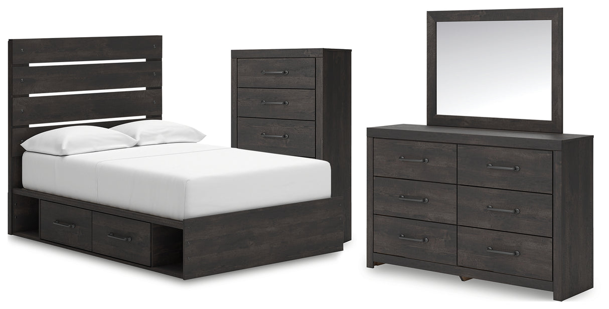 Hollivern Full Panel Bed with Storage with Mirrored Dresser and Chest in Dark Gray from Ashley - Luna Furniture