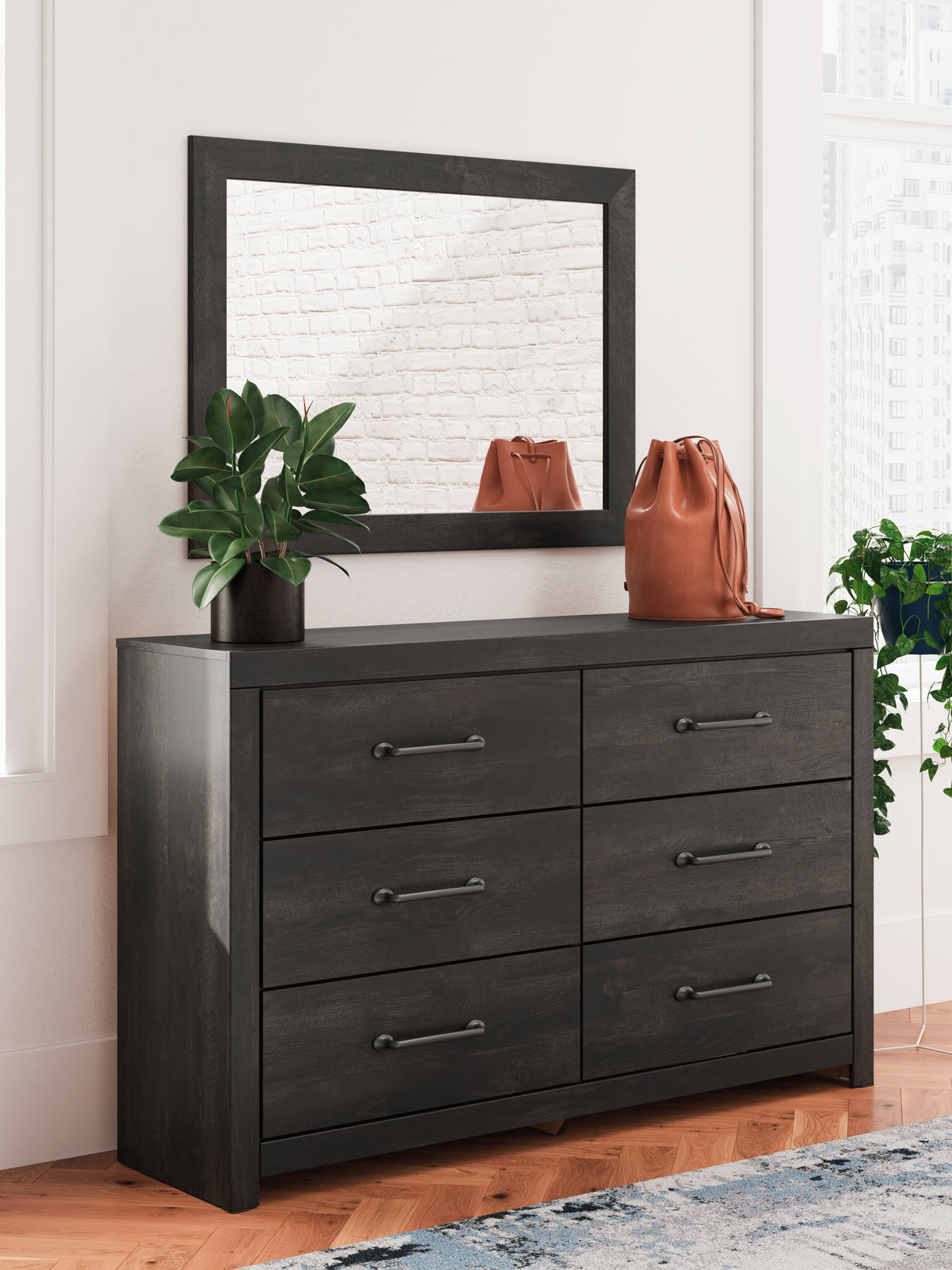 Hollivern Full Panel Bed with Storage with Mirrored Dresser and Nightstand in Dark Gray from Ashley - Luna Furniture