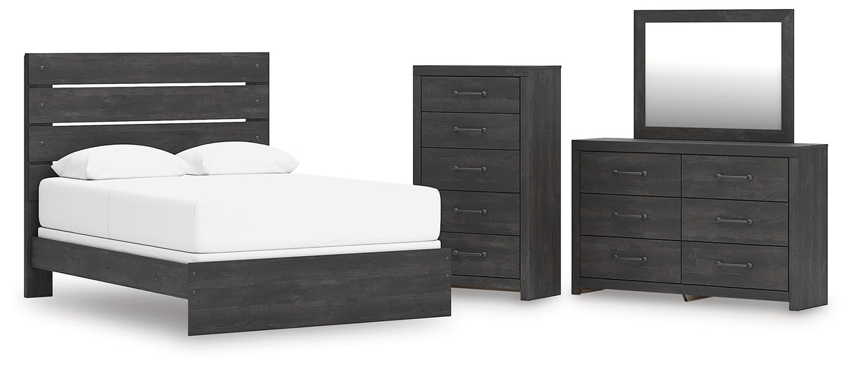Hollivern Queen Panel Bed with Mirrored Dresser and Chest in Dark Gray from Ashley - Luna Furniture