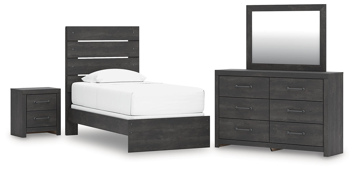 Hollivern Twin Panel Bed with Mirrored Dresser and Nightstand in Dark Gray from Ashley - Luna Furniture