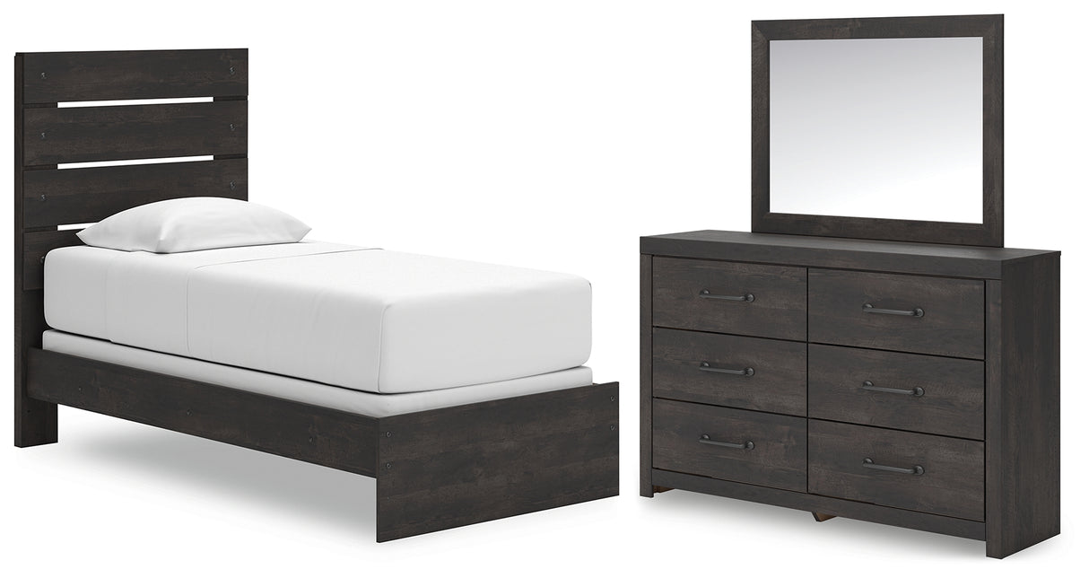 Hollivern Twin Panel Bed with Mirrored Dresser in Dark Gray from Ashley - Luna Furniture