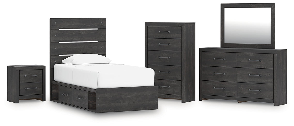 Hollivern Twin Panel Bed with Storage with Mirrored Dresser, Chest and Nightstand in Dark Gray from Ashley - Luna Furniture