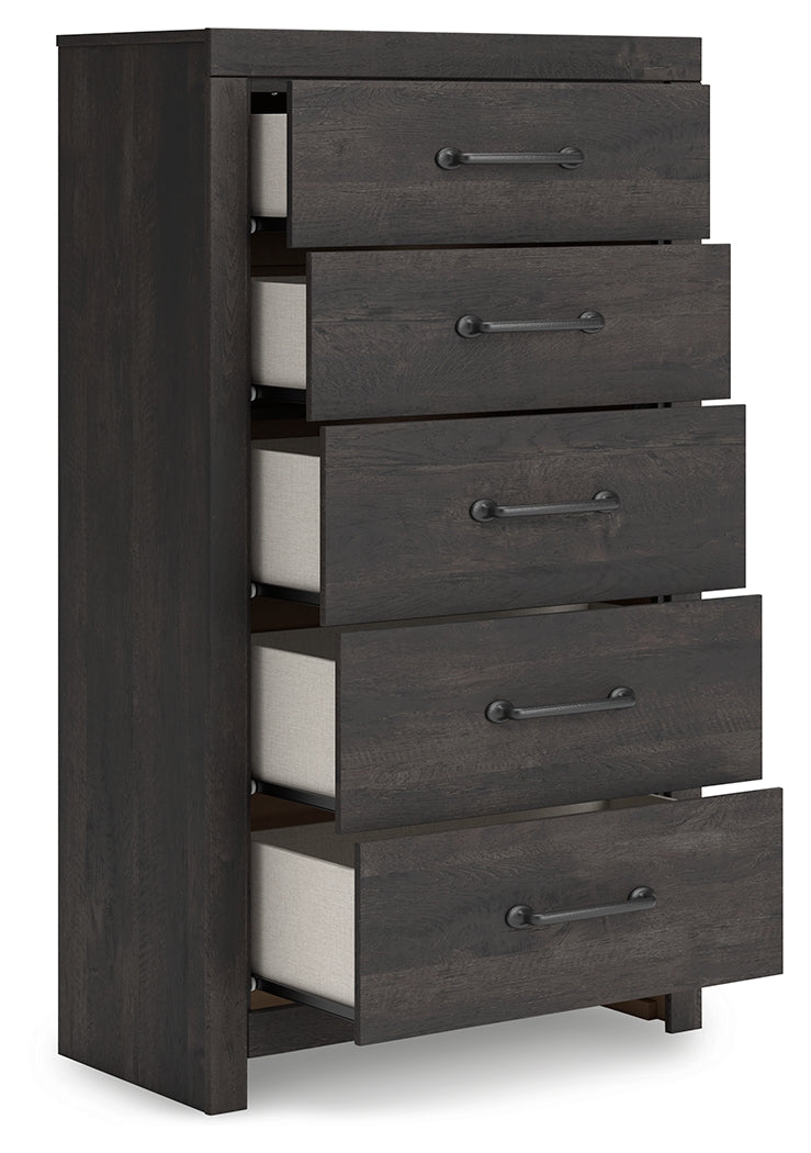 Hollivern Twin Panel Bed with Storage with Mirrored Dresser and Chest in Dark Gray from Ashley - Luna Furniture