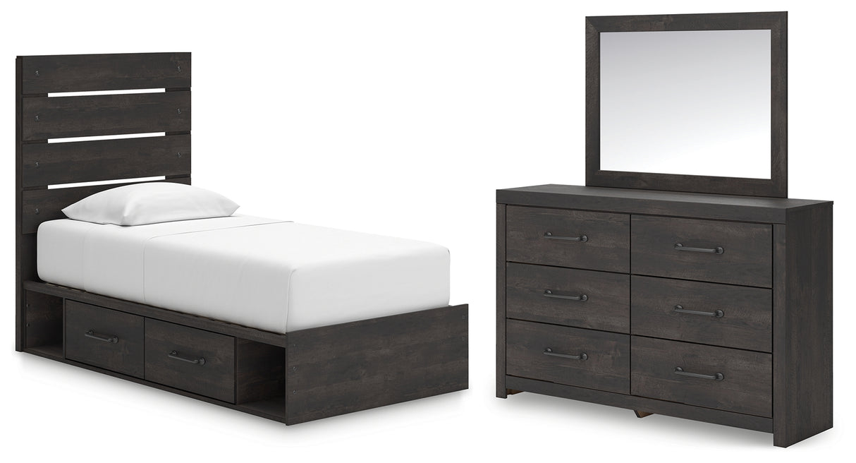 Hollivern Twin Panel Bed with Storage with Mirrored Dresser in Dark Gray from Ashley - Luna Furniture