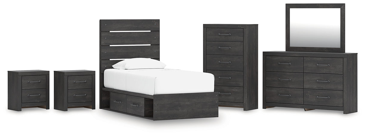 Hollivern Twin Panel Storage Bed with Mirrored Dresser, Chest and 2 Nightstands in Dark Gray from Ashley - Luna Furniture