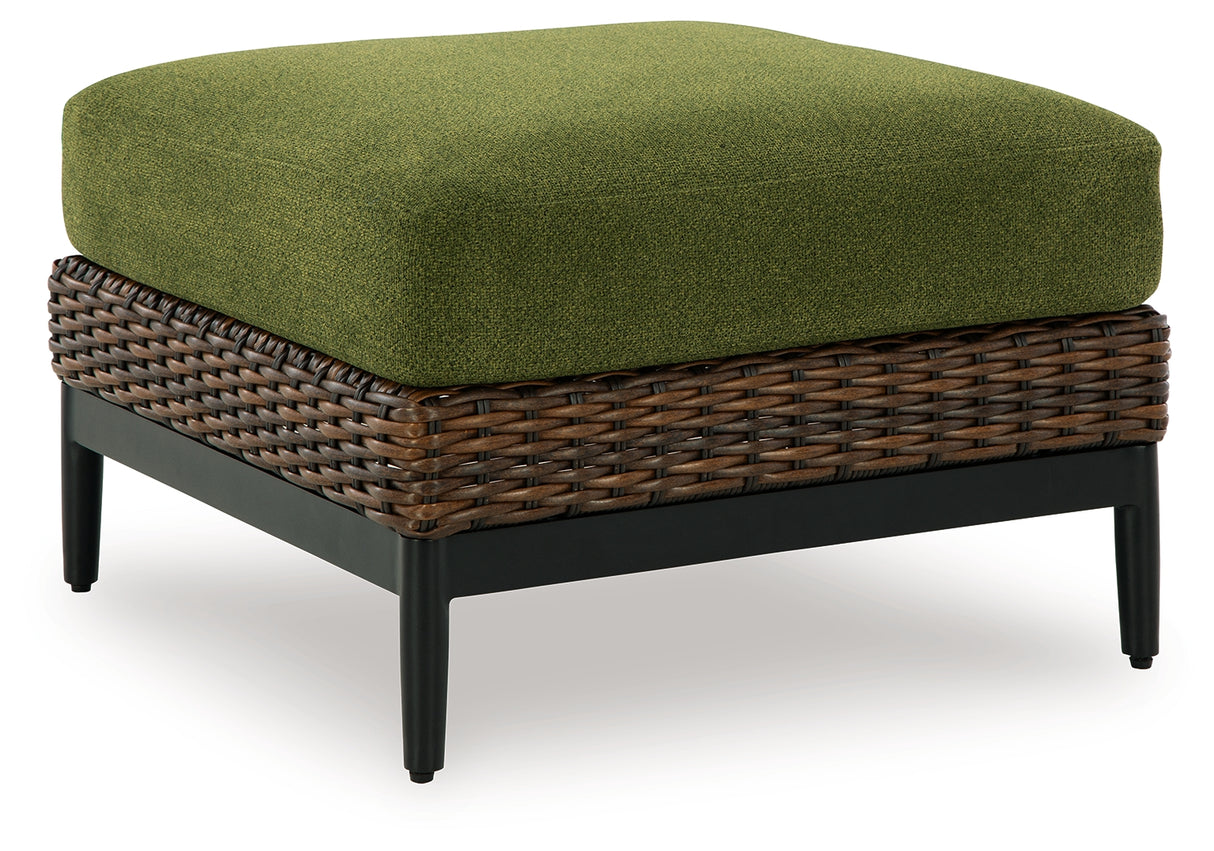 Horizon Hall Brown/Green Outdoor Ottoman with Cushion from Ashley Furniture - Luna Furniture