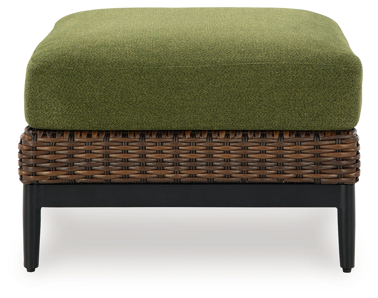 Horizon Hall Brown/Green Outdoor Ottoman with Cushion from Ashley Furniture - Luna Furniture