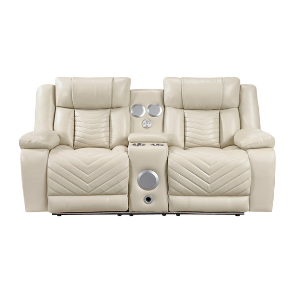 Huron Beige Power Double Reclining Loveseat with Center Console