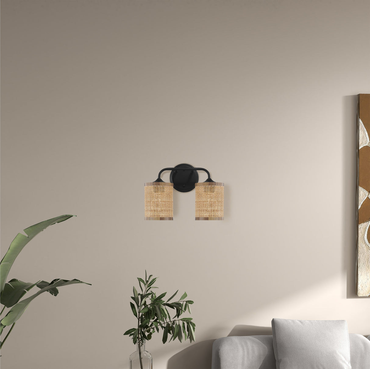 Quell 2-Light Rattan Wall Sconce with Black Metal Finish from Ashcroft Furniture - Luna Furniture