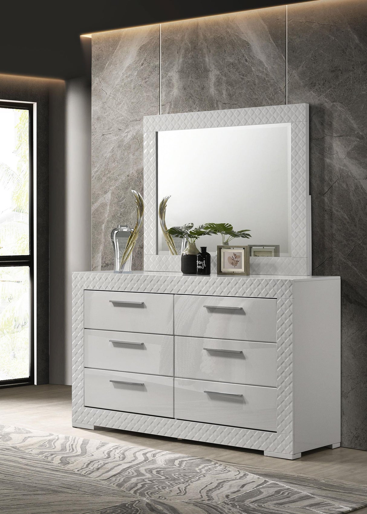 Ives White High Gloss 6-Drawer Dresser and Mirror from Coaster - Luna Furniture