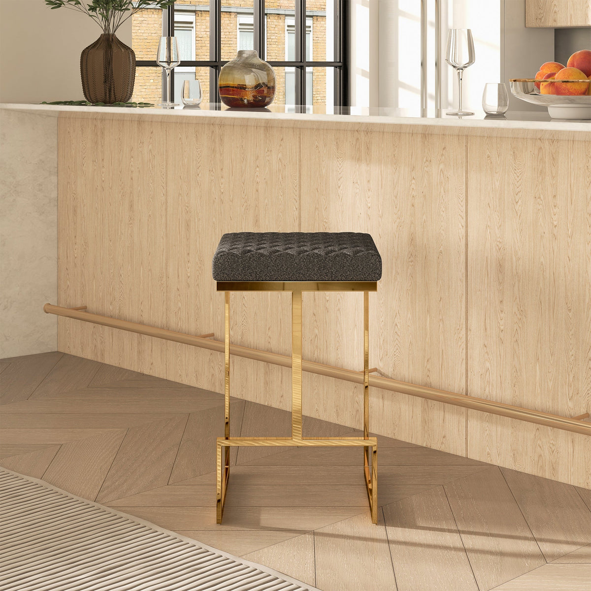 Joel Mid Century Modern Luxury Upholstered Stool 25.5" / Grey Boucle from Ashcroft Furniture - Luna Furniture