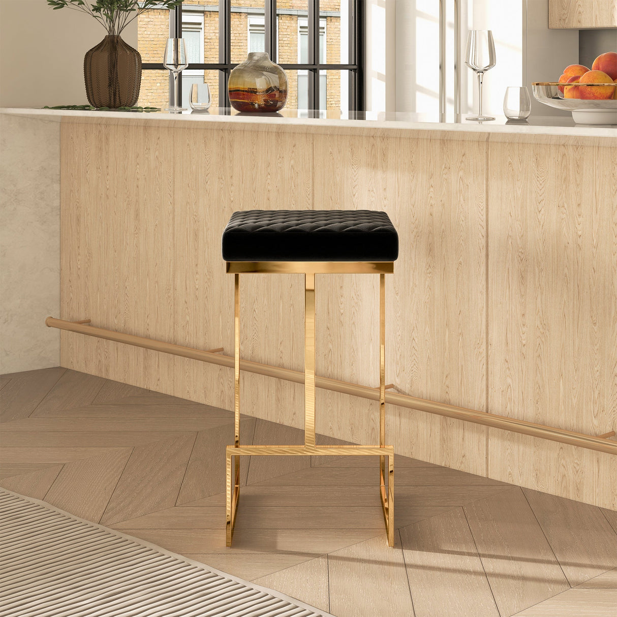 Joel Mid Century Modern Luxury Upholstered Stool 29.5" / Black Velvet from Ashcroft Furniture - Luna Furniture