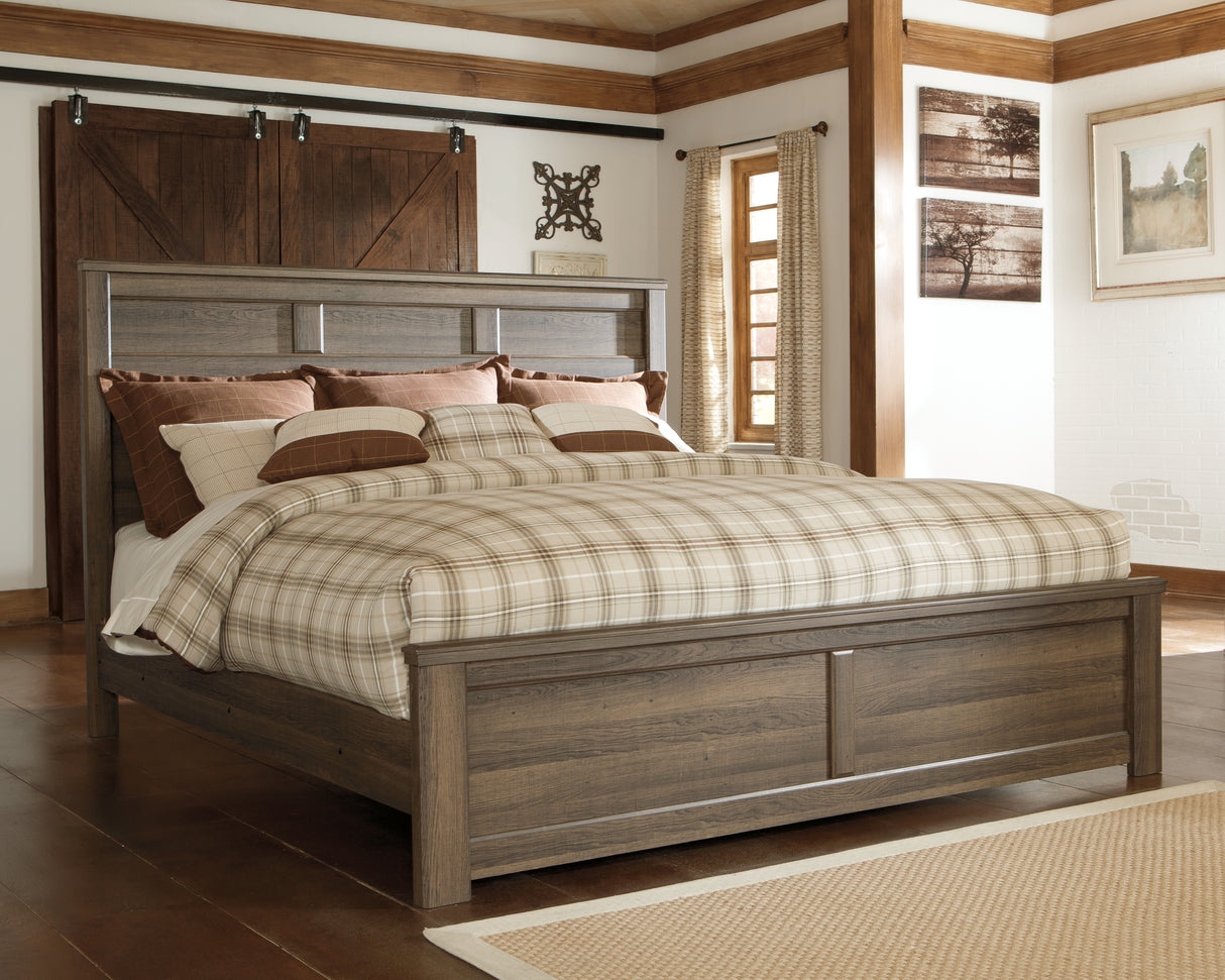 Juararo California King Panel Bed with Mirrored Dresser, Chest and Nightstand in Dark Brown from Ashley Furniture - Luna Furniture