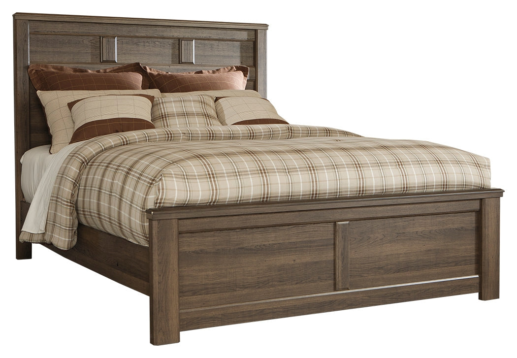 Juararo California King Panel Bed with Mirrored Dresser, Chest and Nightstand in Dark Brown from Ashley Furniture - Luna Furniture