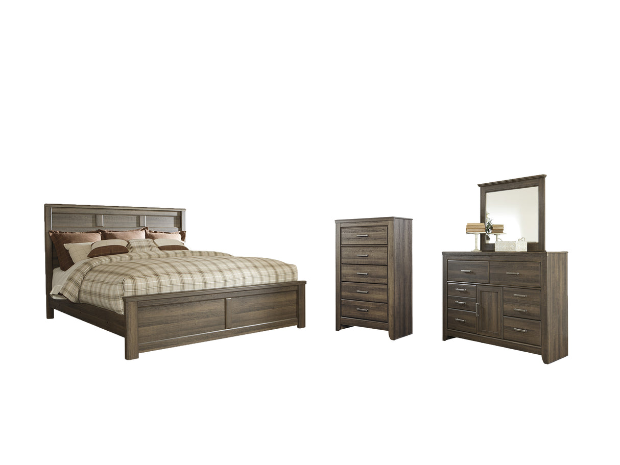Juararo California King Panel Bed with Mirrored Dresser and Chest in Dark Brown from Ashley Furniture - Luna Furniture