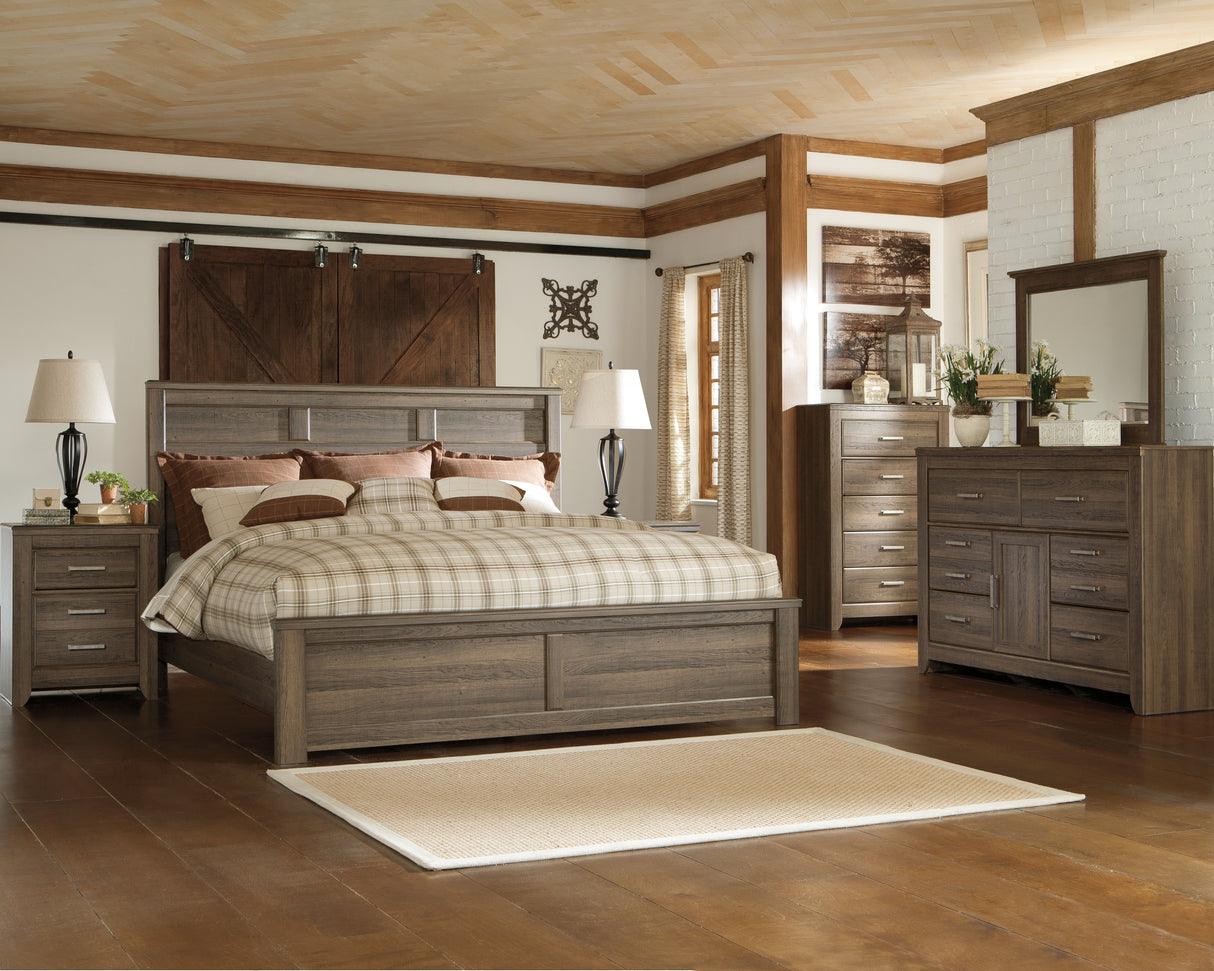 Juararo California King Panel Bed with Mirrored Dresser and Chest in Dark Brown from Ashley Furniture - Luna Furniture