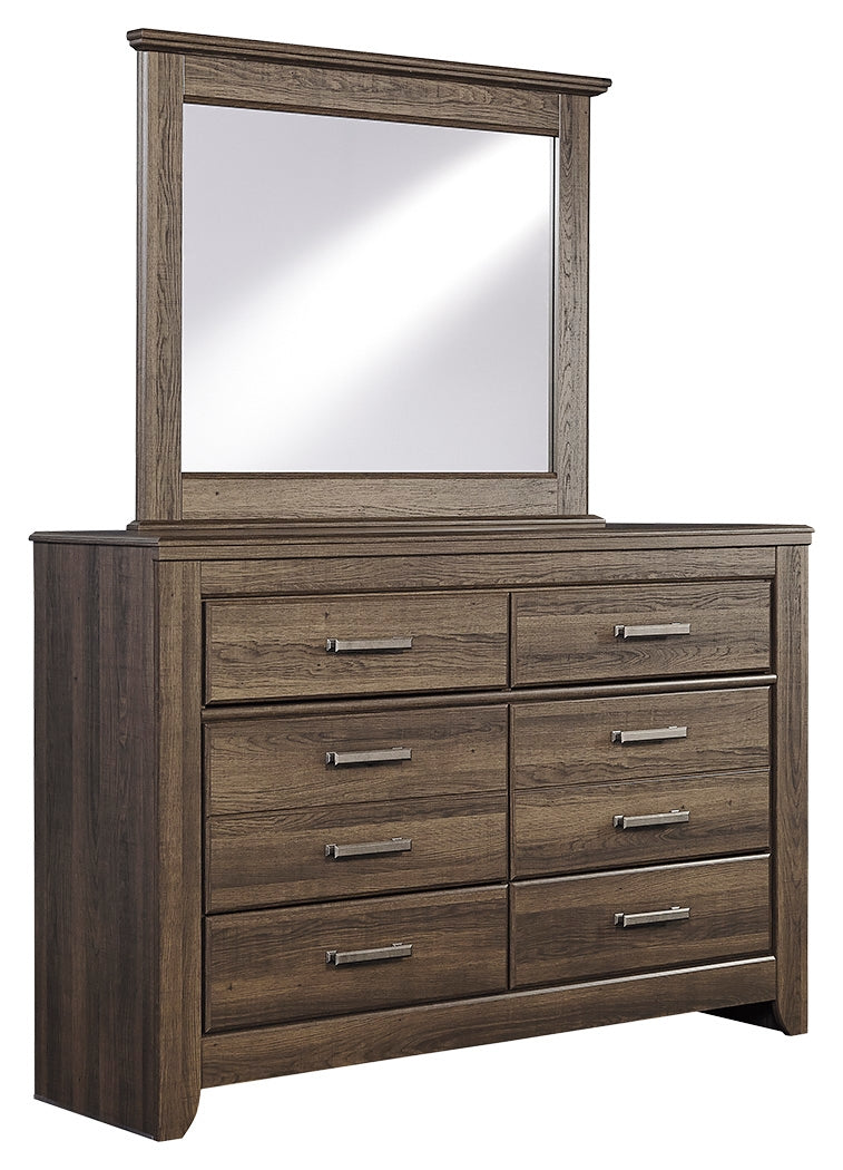Juararo California King Poster Bed with Mirrored Dresser, Chest and 2 Nightstands in Dark Brown from Ashley - Luna Furniture