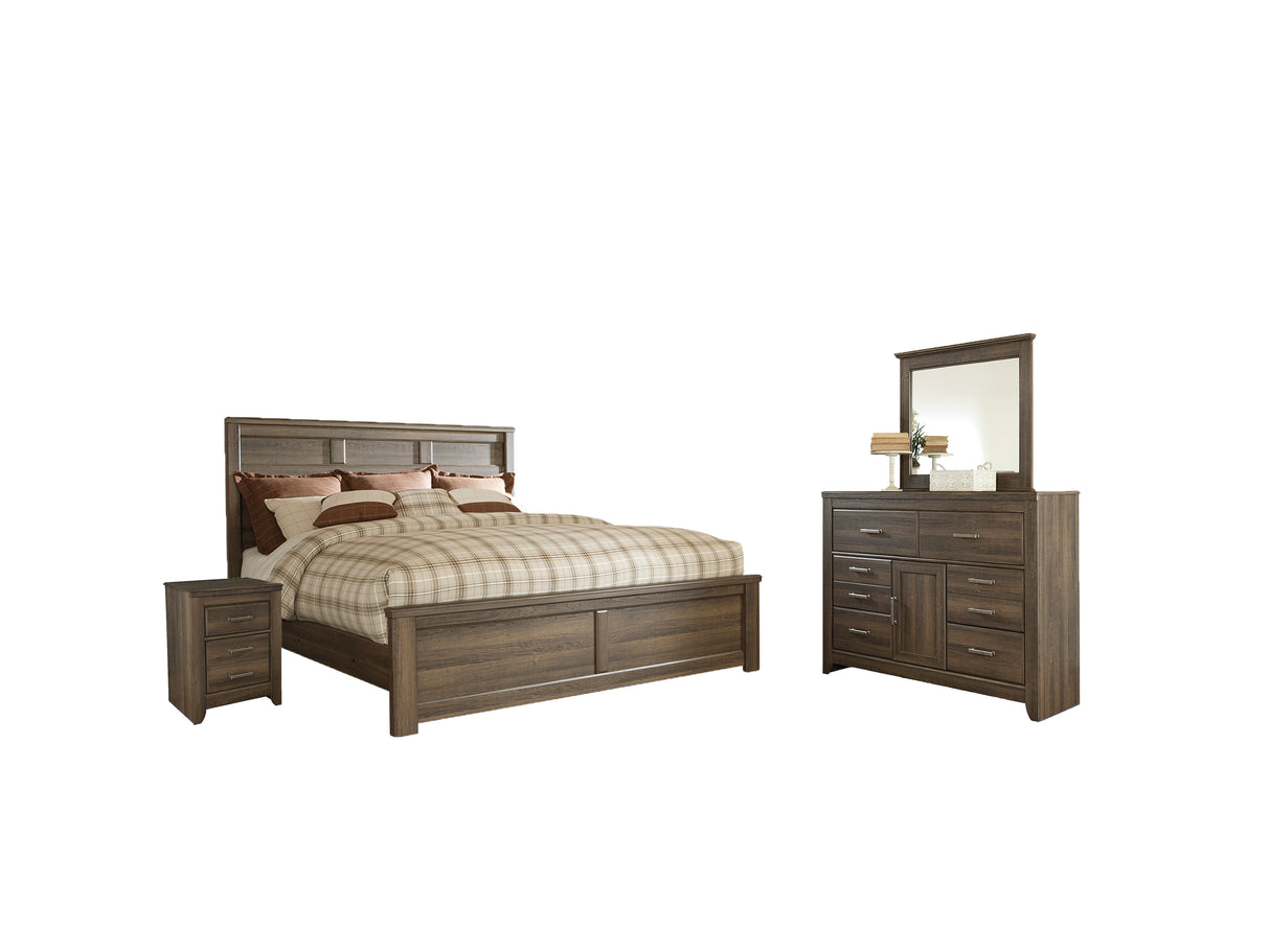 Juararo King Panel Bed with Mirrored Dresser and 2 Nightstands in Dark Brown from Ashley - Luna Furniture