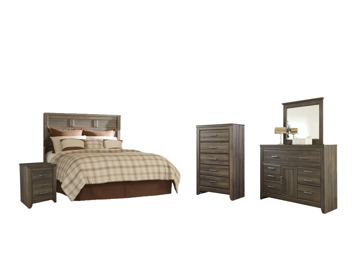 Juararo Queen Panel Headboard Bed with Mirrored Dresser, Chest and Nightstand in Dark Brown from Ashley - Luna Furniture