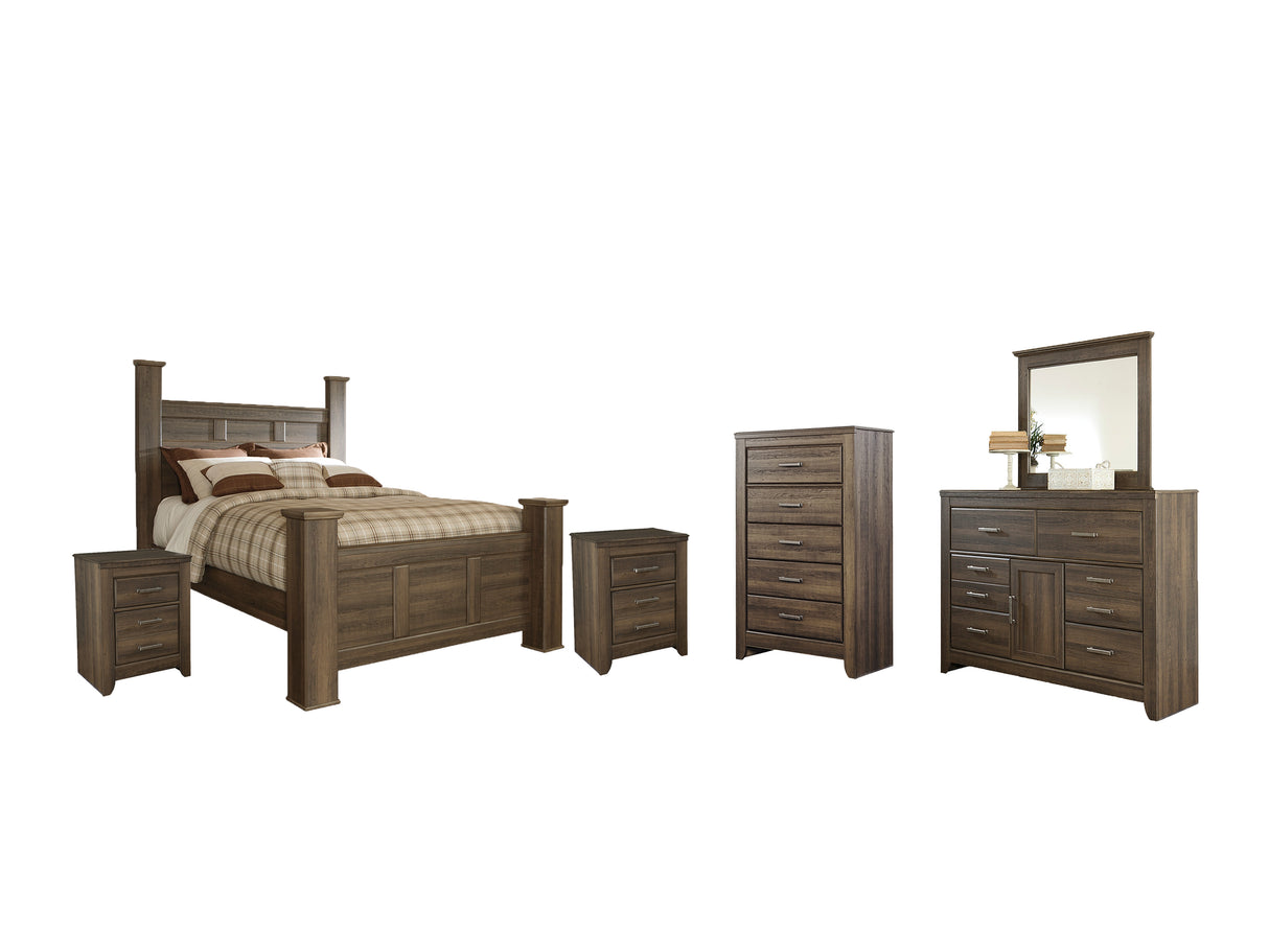 Juararo Queen Poster Bed with Mirrored Dresser, Chest and 2 Nightstands in Dark Brown from Ashley - Luna Furniture