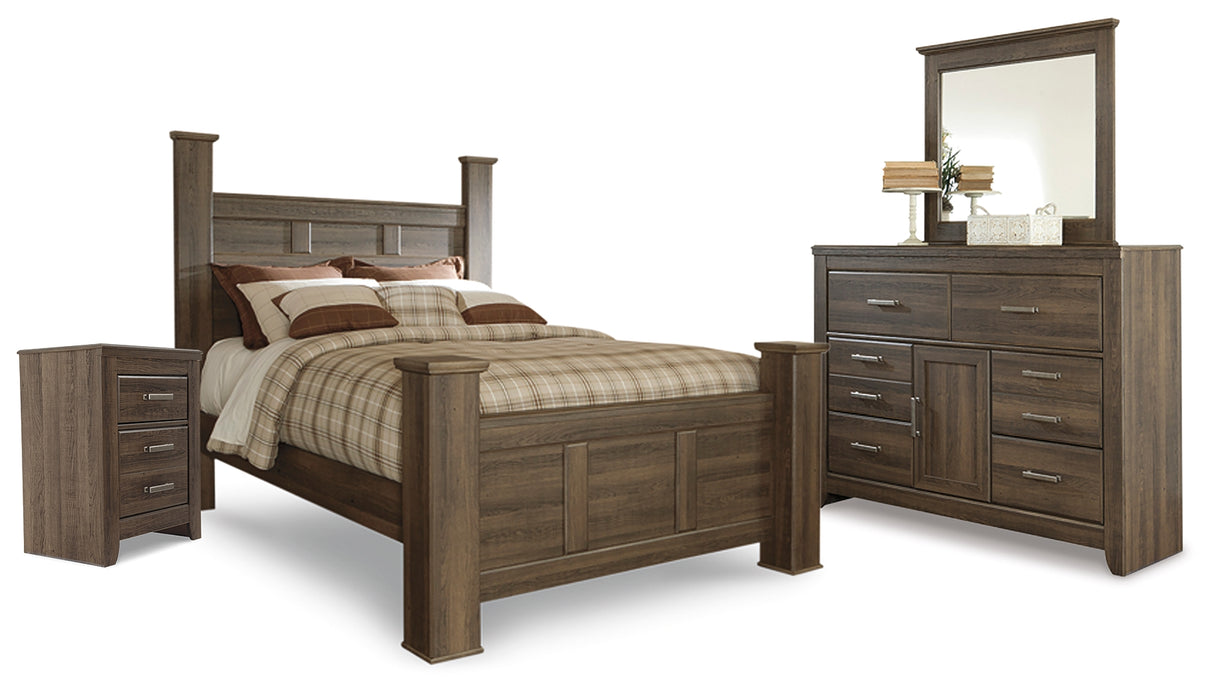 Juararo Queen Poster Headboard with Mirrored Dresser and Nightstand in Dark Brown from Ashley Furniture - Luna Furniture