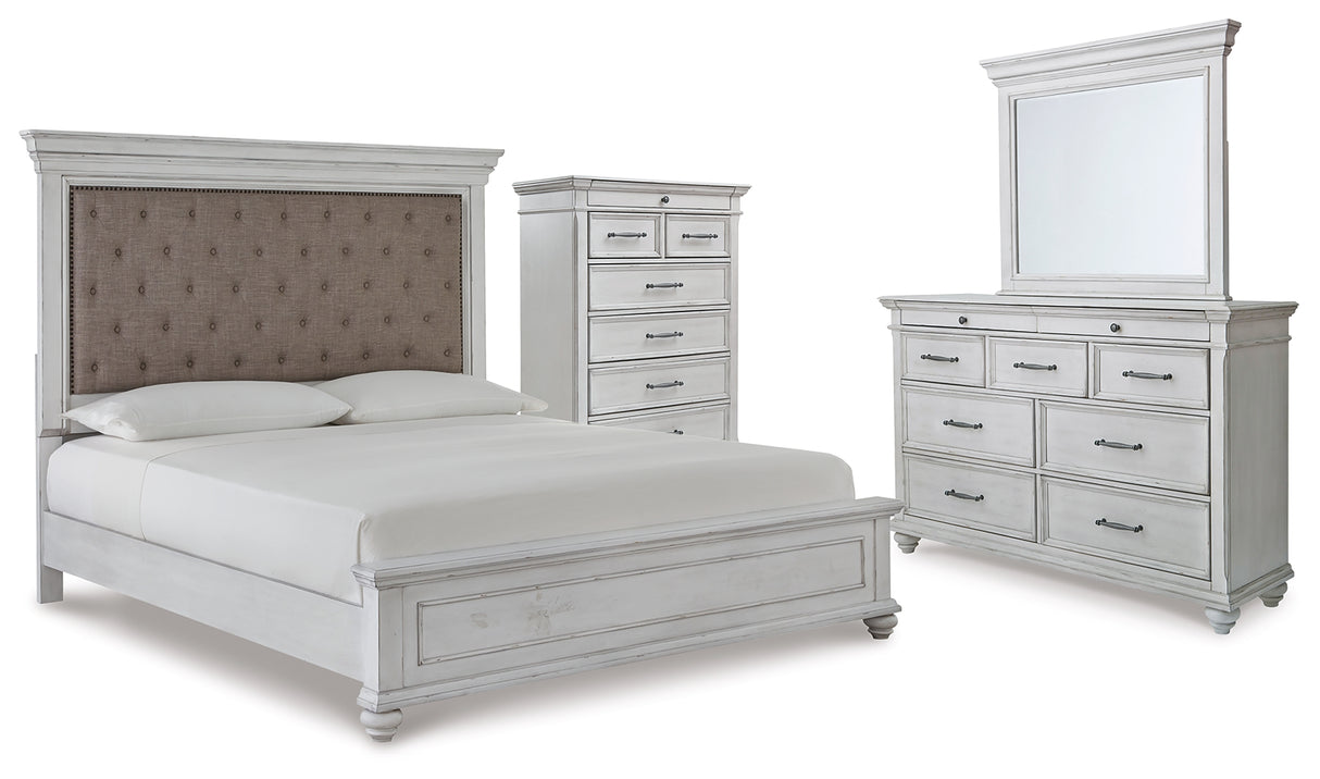 Kanwyn King Panel Bed with Mirrored Dresser and Chest in Whitewash from Ashley - Luna Furniture