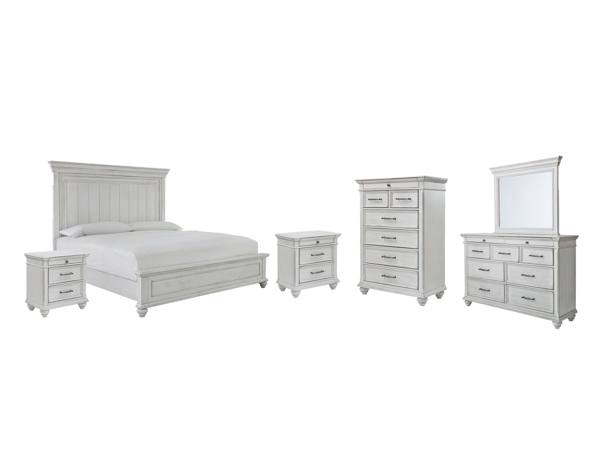 Kanwyn Queen Panel Bed with Mirrored Dresser, Chest and 2 Nightstands in Whitewash from Ashley - Luna Furniture