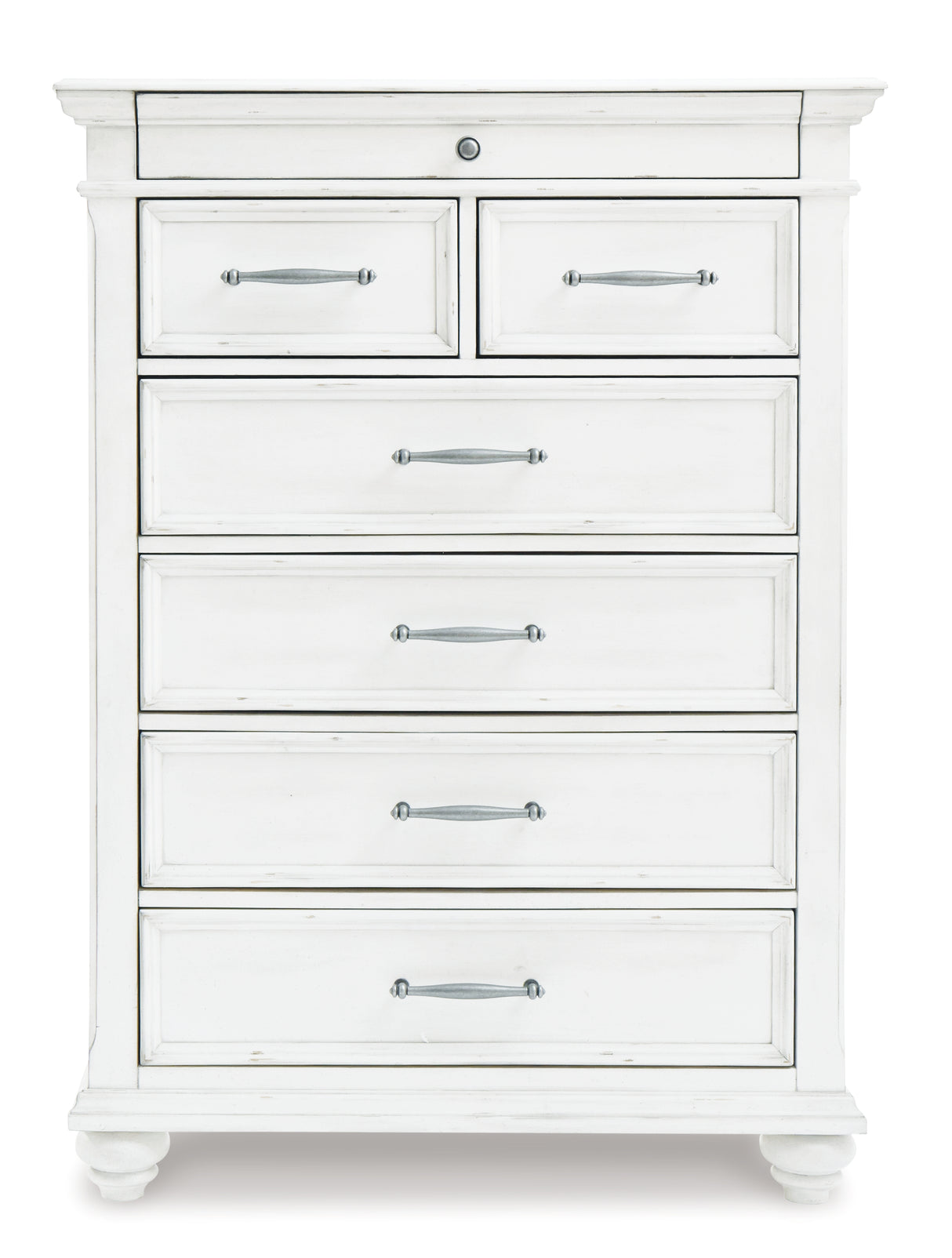 Kanwyn Queen Panel Bed with Mirrored Dresser, Chest and 2 Nightstands in Whitewash from Ashley - Luna Furniture