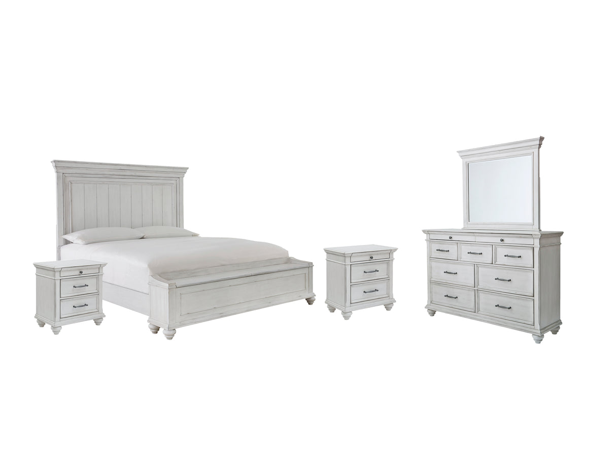 Kanwyn Queen Panel Bed with Storage with Mirrored Dresser and 2 Nightstands in Whitewash from Ashley - Luna Furniture