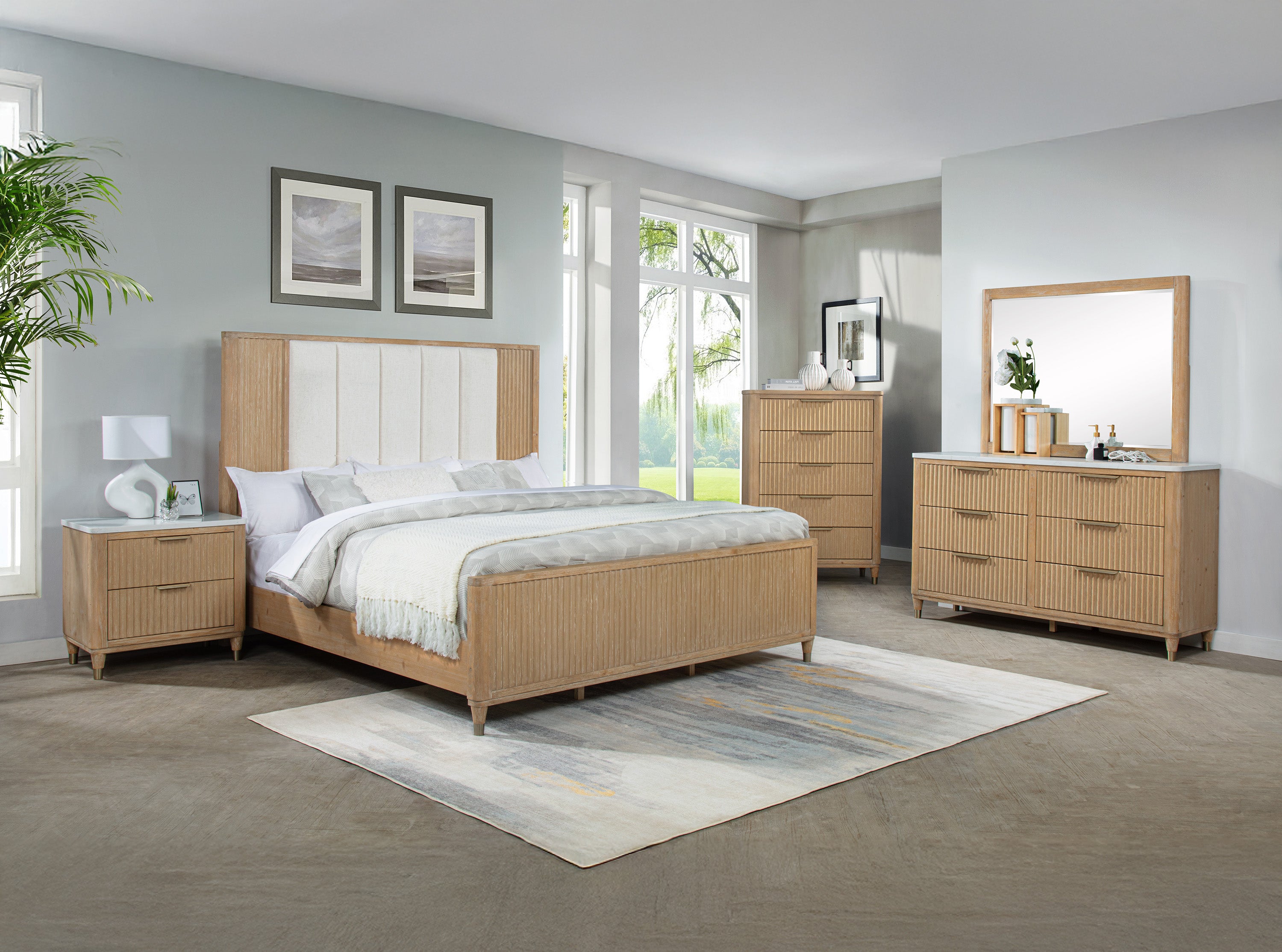 Kara Cerused Natural Upholstered Panel Bedroom Set – Luna Furniture