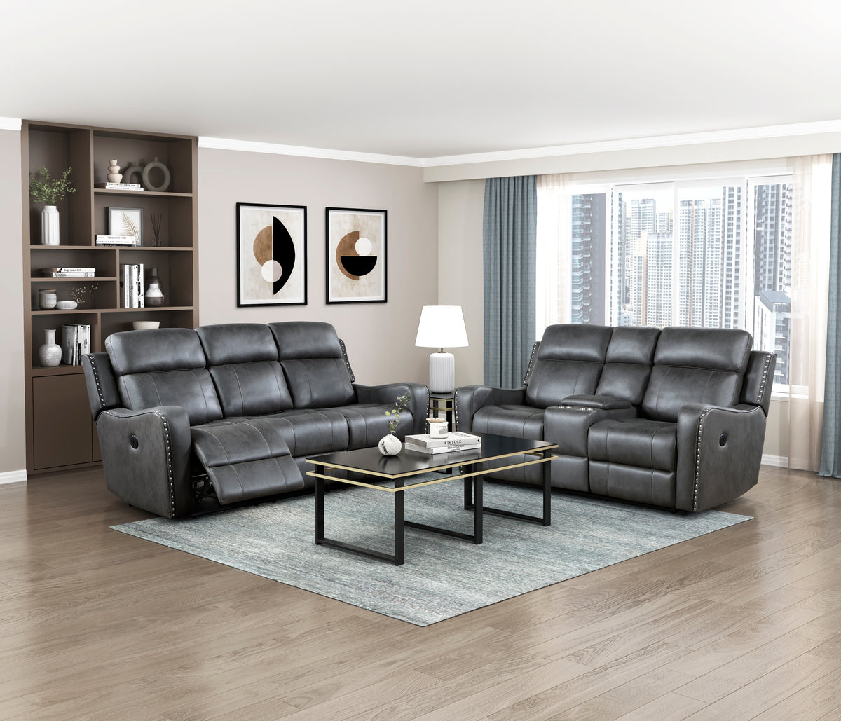 Kellen Smoky Gray Power Double Reclining Loveseat with Center Console from Homelegance - Luna Furniture