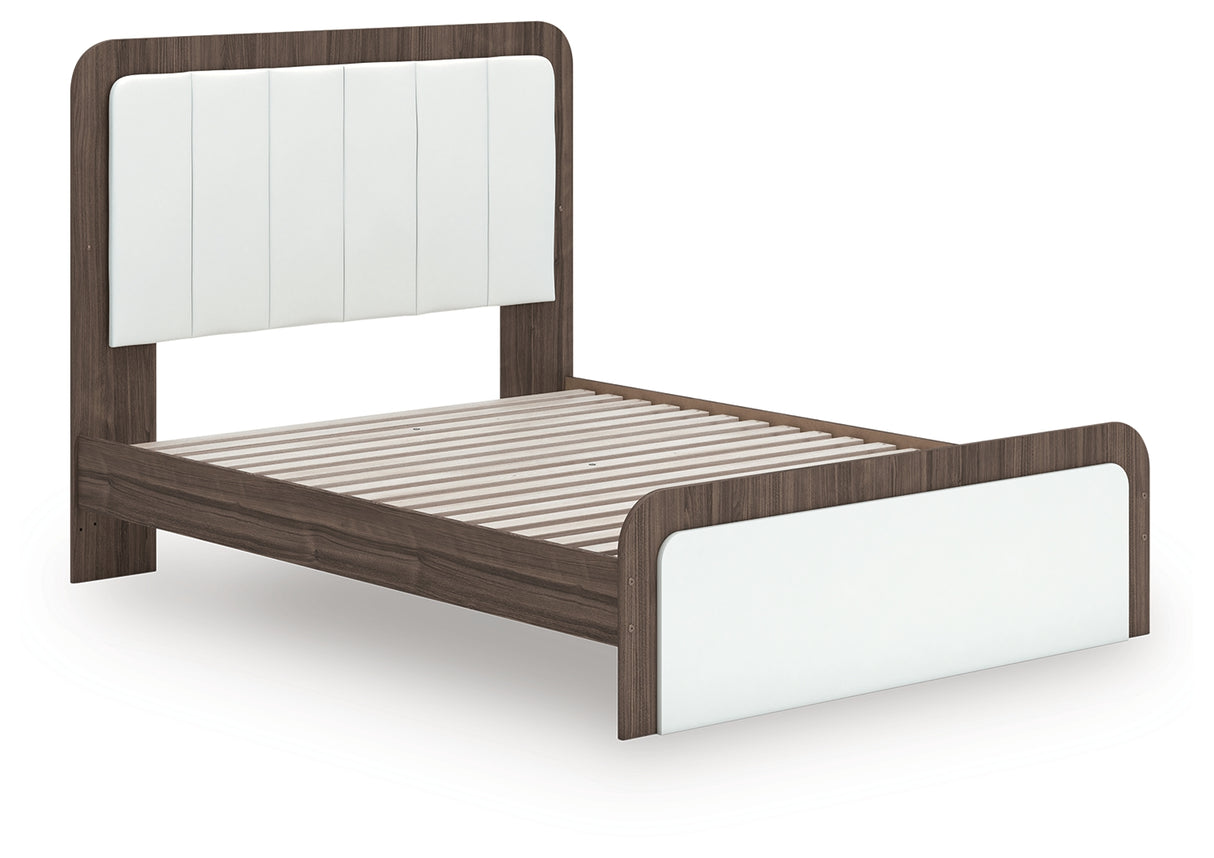 Kendanport White/Brown Queen Upholstered Bed, Dresser, Mirror and Nightstand from Ashley Furniture - Luna Furniture