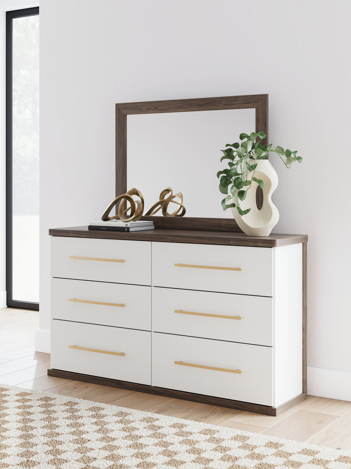 Kendanport White/Brown Queen Upholstered Bed, Dresser, Mirror and Nightstand from Ashley Furniture - Luna Furniture