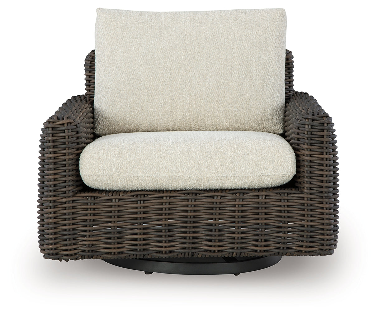 Kimora Beige/Dark Brown Outdoor Swivel Lounge Chair from Ashley Furniture - Luna Furniture