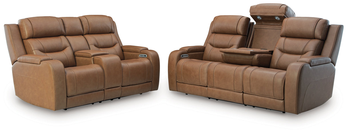 Knightington Caramel Power Reclining Sofa and Loveseat with Audio Seating from Ashley - Luna Furniture